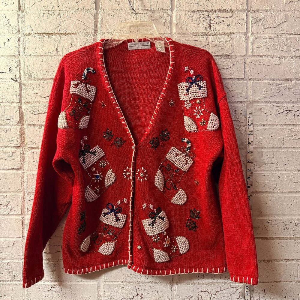 Carolyn Taylor Vintage 90s Beaded Christmas Cardigan – Size L – Red Holiday